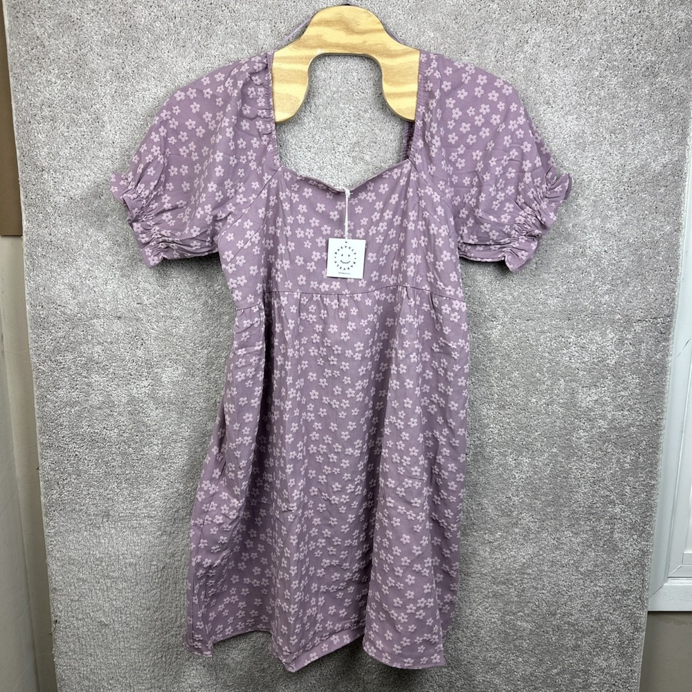 BaeVely Woman Babydoll Dress 1X Purple Floral Puff Sleeve‎ Empire Waist Pullover